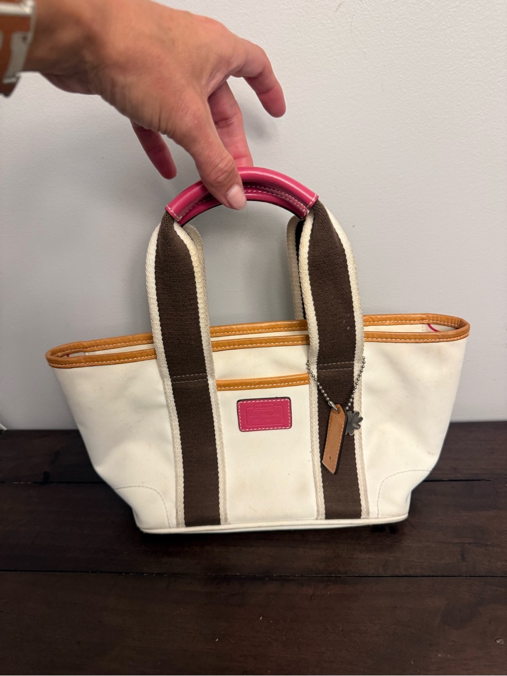 Coach Hamptons Mini Tote 6260 White Pink Leather Trim Striped Handles